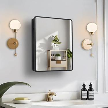 Imagem de Armário de remédios com espelho, armário de remédios embutido preto de 40,66 x 55,88 cm ou armário de banheiro com prateleiras ajustáveis espelho com moldura de metal, armário de armazenamento