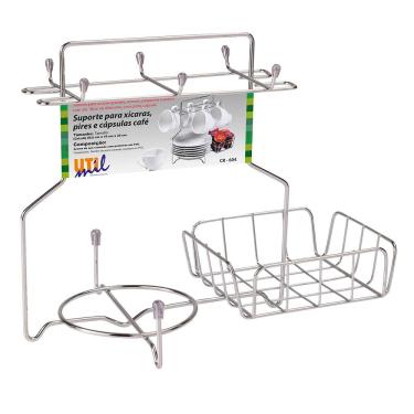 Imagem de Suporte para Xícaras Pires Cápsulas Café Utimil Cromado com 6 Ganchos 25x19x29,5cm