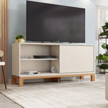 Imagem de Rack para Tv até 55 Polegadas Porta com Textura Microrripada Pés Cavalete Mondrian 1.36 Off White/Freijó