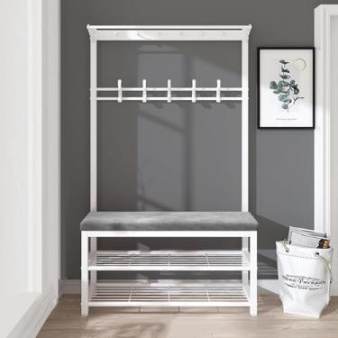 Imagem de Cabideiro Com Armazenamento De Sapatos - Hall Tree Entrada Industrial Com Banco, Cabideiro Independente Com Ganchos Para Entrada De Apartamento Pequeno, White Grey, 100CM
