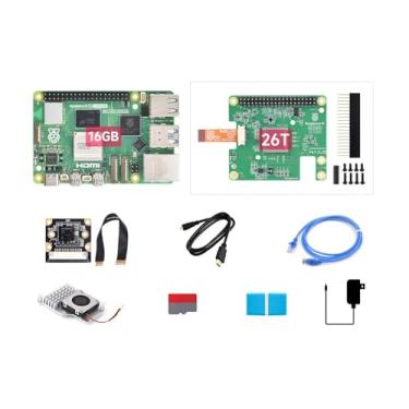 Imagem de Waveshare Kit PI5-16GB AI, compatível com Raspberry Pi 5, pacote com Raspberry Pi 5 16GB, Raspberry Pi AI HAT+ 26T, câmera PI5-IMX219-77, cooler, cartão TF de 64 GB, cabo e assim por diante (9 itens)