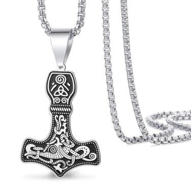 Imagem de VASSAGO Colar masculino com martelo de Thor Viking, pingente nórdico vintage Mjolnir de aço inoxidável, joia de amuleto pagão nórdico, Adjustable, Aço inoxidável, Sem Pedra Preciosa