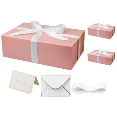Imagem de YINUOYOUJIA Pacote com 3 caixas de presente rosa com tampa, caixa de presente magnética de 35,5 x 23 x 11,4 cm com fita, cartões e envelopes para presentes, ótima para casamento, aniversários