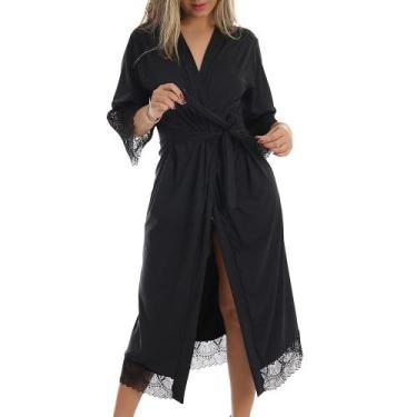 Imagem de Robe Longo Microfibra Renda Luxo - donna, M, Preto