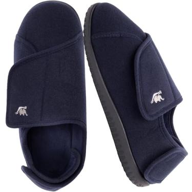 Imagem de Pantufa masculina 80-D de espuma viscoelástica com fechos ajustáveis, largura extra grande confortável de lã de pelúcia artrite de edema encolhida Diabetic House Shoes Lavável na máquina com sola antiderrapante, Azul marinho, 14