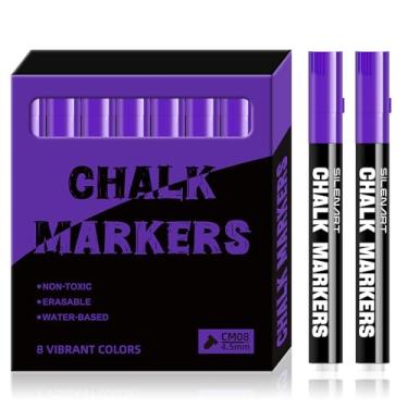 Imagem de SILENART Marcadores de giz – Pacote com 8 – Marcadores de giz líquido para quadro negro apagável a seco, quadro de giz para janelas, vidro acrílico, marcador de giz apagável (roxo)
