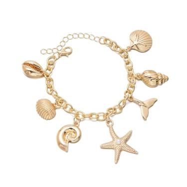 Imagem de MXUHUI Pulseiras com pingente de concha de estrela do mar Boho Shell feitas à mão e ajustáveis imitação de pérola concha do mar para mulheres verão praia férias bijuteria fantasia, One Size, Liga
