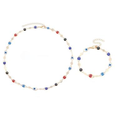 Imagem de MXUHUI Conjunto de joias colorido sortudo olho turco pulseira gargantilha conjunto de joias arco-íris corrente proteção amuleto colar colar para mulheres homens boa sorte joias presente