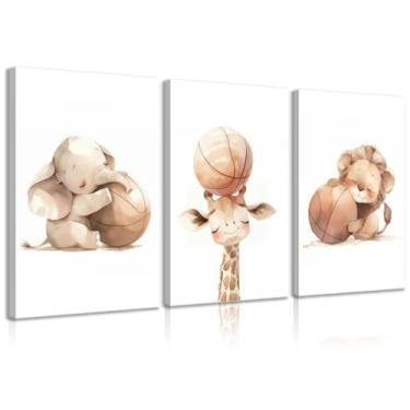 Imagem de Arte de parede em tela de berçário de animais de bebê fofo animais de safári e basquete decoração de parede vintage girafa elefante e leão impressão arte para quarto de bebê infantil decoração de