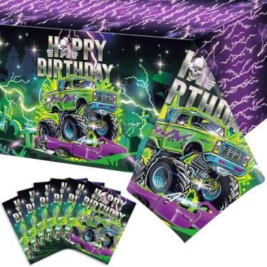 Imagem de WovWeave Toalha de mesa de 6 Monster Party Happy Birthday Truck Toalha de mesa de plástico descartável com tema de caminhão 137 x 272 cm, capa de mesa retangular redonda para festa de aniversário