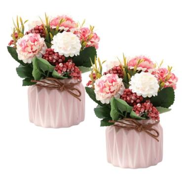 Imagem de YACVRLT 2 peças de mini flores artificiais de Hygrangea em vaso, decorações de mesa de centro pequenas – planta falsa em vaso, decoração de flor de hortênsia sintética para casa, casamento, escritório