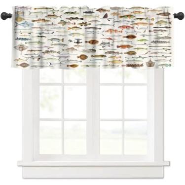 Imagem de Cortina curta para janela de peixe, estilo rústico, vintage, estampa de peixe, bolso para varão para sala de jantar, escritório, cozinha, quarto, sala de estar, café, cortinas, 137 x 45 cm