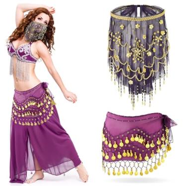 Imagem de Mepase 1 conjunto de roupa de dança do ventre para dança do ventre, lenço de quadril, véu de rosto com miçangas, lantejoulas para mulheres, acessório de fantasia de Halloween, Roxa, Tamanho Único