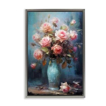 Imagem de Stupell Industries Vaso azul com rosas rosa cinza moldura flutuante tela design de arte de parede por LSR Creative Studio, 78 x 53