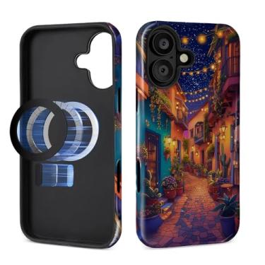 Imagem de MQJCYB Capa magnética para iPhone 16, compatível com Magsafe Hybrid Heavy Duty 2 em 1 Capa robusta à prova de choque brilhante para iPhone 16 - Dreamy City Cactus