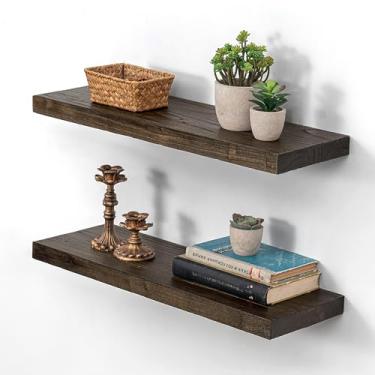 Imagem de Prateleiras flutuantes para parede 61 x 20 cm, conjunto de 2 - Prateleiras de madeira de olmo de borda plana com suportes invisíveis, prateleiras rústicas montadas na parede para sala de estar, quarto