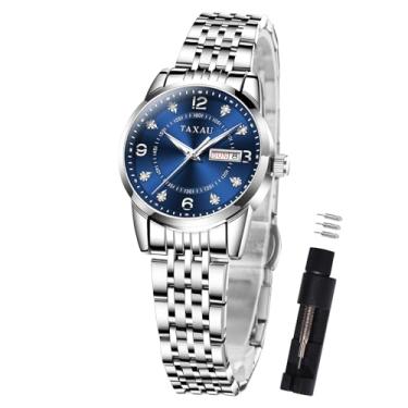 Imagem de Taxau Relógios femininos prata moda analógico quartzo impermeável relógio feminino delicado data dia aço inoxidável relógios femininos dois tons pequenos relógios de pulso feminino, Azul-HL-T-L8102,