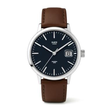 Imagem de Bazeli Relógio Masculino Amazônia 40 mm, Mostrador Azul com Data, Lume em Índices e Ponteiros, Caixa Prata, Pulseira de Couro Marrom, Quartzo Japonês