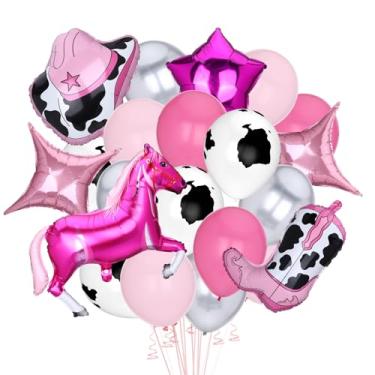 Imagem de 24 balões de discoteca vaqueira, decorações de festa de aniversário de vaqueira, boina rosa, estampa de vaca, cavalo e estrela, balão de látex, despedida de solteira, rodeio, decorações de festa