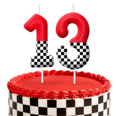 Imagem de Velas de aniversário de carro de corrida, decoração de topo de bolo de 6 cm, bandeira quadriculada número 13 velas, decorações de aniversário, decorações de bolo de festa de aniversário, suprimentos