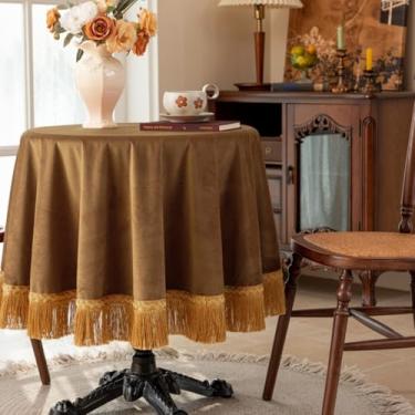 Imagem de F-CHU Toalha de mesa luxuosa de veludo grosso com lindas borlas douradas, toalha de mesa vintage para decoração de casa, casamento, festa, banquete e eventos, redonda de 122 cm