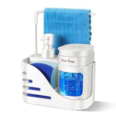 Imagem de Conjunto de dispensador de sabão de cozinha, dispensador duplo 4 em 1 de mão e detergente com suporte de esponja e suporte de pano de prato para pia de cozinha (branco)