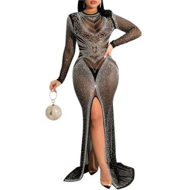 Imagem de Vestido maxi, roupa de clube feminina de strass, festa de aniversário,