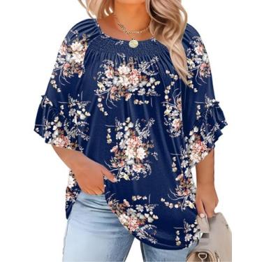 Imagem de Blusa Micoson Plus Size, manga 3/4, gola redonda, azul marinho, floral
