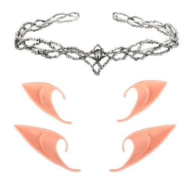 Imagem de WHAVEL Coroa de elfo com orelhas de fada, acessório de cabeça de fada de metal com 2 pares de orelhas de elfo macias, cosplay reneascentista, Halloween, Halloween, Prata, cristal preto, Tamanho Único