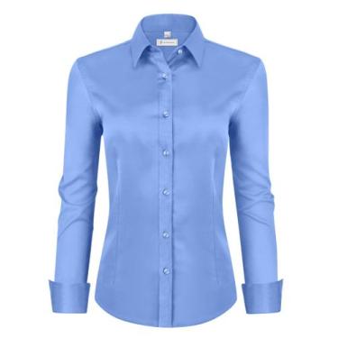 Imagem de Camisa social feminina siliteelon de manga comprida com botão azul cla