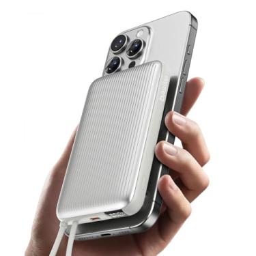 Imagem de Basike Power Bank, 10000mAh Carregador Portátil Universal por Indução, 15W Carregamento Rápido, Tipo-C(1 Porta + Cabo Integrado, Saída até 22,5W Máx., Entrada 18W Máx.), Compatível com MagSafe – Prata