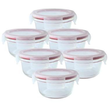 Imagem de Kit 6 Pote De Vidro Hermético Redondo Com Tampa 4 Travas Marmita Fit 6
