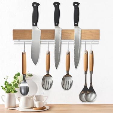 Imagem de Dmore Suporte de faca magnético para parede — com 5 ganchos, tira magnética de faca de madeira de 30 cm sem perfuração, suporte magnético extra forte, inclui fita adesiva e parafusos para facas e