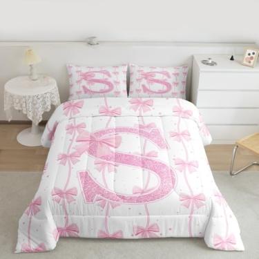 Imagem de Feelyou Conjunto de edredom com laço rosa, tamanho solteiro, letras individuais, P, para crianças, meninos, meninas, edredom com laço bonito, rosa, branco, para decoração de quarto de microfibra, 2