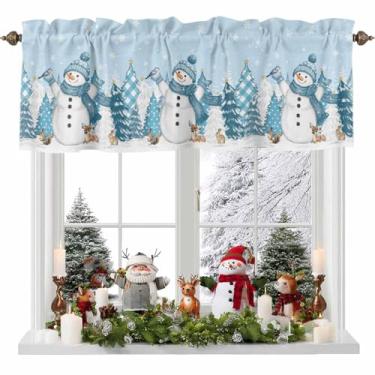 Imagem de Cortina azul com boneco de neve de Natal para janelas, lindo boneco de neve, chapéu azul, cachecol, xadrez, árvore de Natal, inverno, floco de neve, saia com bolso para varão, janela, cortinas curtas