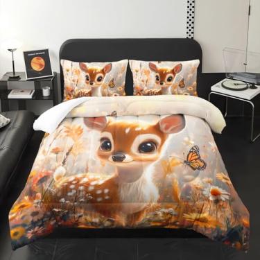 Imagem de XYNHML Jogo de cama com tema de cervo sika kawaii, marrom, 3 peças, floresta, floresta, floral, floresta, adulto, para crianças, adolescentes, meninas, adultos, decoração de cama com 1 edredom + 2