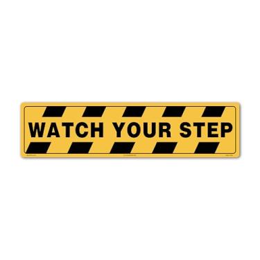 Imagem de SIGNOGRAFX Adesivo Watch Your Step, placa de cuidado, pacote com 4 15 x 61 cm - piso de vinil autoadesivo forte, adesivos antiderrapantes, placa de segurança para ambientes internos e externos, placas