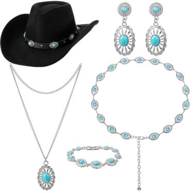Imagem de Cutecrop Conjunto de joias ocidentais clássicas com 5 peças, chapéu de cowboy, cinto ocidental, chapéu de camurça, colar vintage, brincos e pulseira, ONE SIZE, Poliéster, Sem Pedra Preciosa