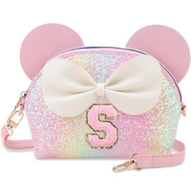 Imagem de Kejea Bolsa infantil para presentes infantis - Carteira de princesa, bolsa tiracolo com flores de pérolas, bolsas de ombro fofas com inicial, Glitter Rainbow