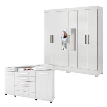 Imagem de Cômoda London E Guarda Roupa Casal Prático Branco Com Espelho - Demóbile