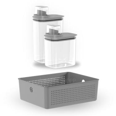 Imagem de Kit Lavanderia Dispenser 1,5L e 2,3L + Cesto 5,4L Cesto Organizador Porta Sabão Líquido Pó Amaciante (CHUMBO)