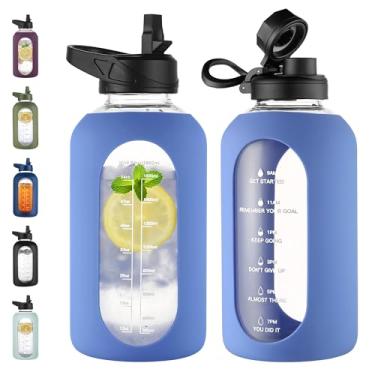 Imagem de CIVAGO Garrafa de água de vidro de 1,8 l com canudo e alça, garrafa de água motivacional esportiva de 1,8 litro com marcador de tempo, cantil de água de boca larga com manga de silicone para academia