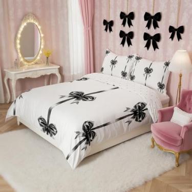 Imagem de Conjunto de capa de edredom infantil com laço de seda, tamanho Queen, conjunto de cama simples de princesa moderna, fantasia, moderno, decoração de quarto de meninas, meninos, preto, 2 fronhas (sem