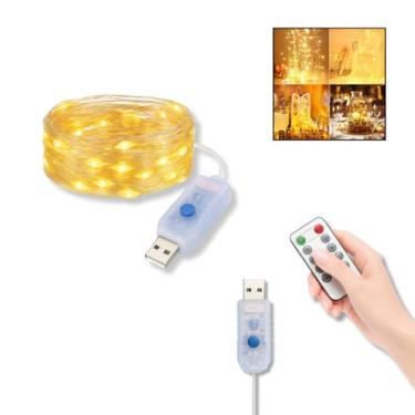 Imagem de Genérico Fio Fada LED USB, 10 Metros, Branco Quente, 3 Modos, Controle Remoto, Flexível, Decorativo, 100 LEDs, Compatível com Notebook, Power Bank