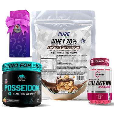 Imagem de Kit Whey Protein Chocolate C/Amendoim + Colágeno 120 Cápsulas Vitamax + Pré Treino Posseidon-Unissex