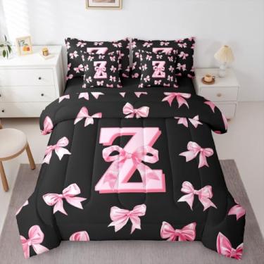 Imagem de Erosebridal Jogo de cama infantil fofo com laço rosa, tamanho solteiro, letra Z, conjunto de edredom com lençol para meninas, com laço de coquete, inicial Z, conjunto de cama com laço com monograma