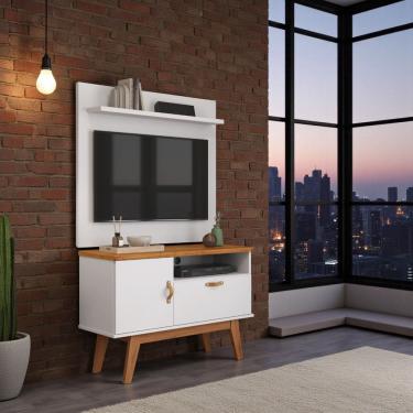 Imagem de Painel para Sala e Rack Sirius Pés de Madeira Puxadores Couro Patrimar