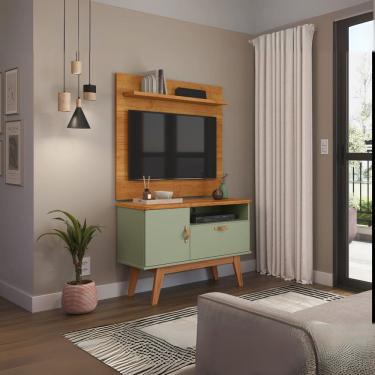 Imagem de Painel para Sala e Rack Sirius Pés de Madeira Puxadores Couro Patrimar