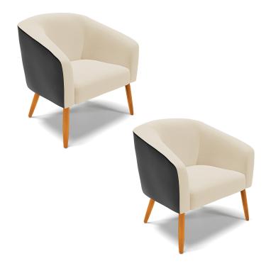 Imagem de Poltrona Decorativa Pé Palito Castanho kit 2 Stella Preto/Linho Bege D03 - D'Rossi