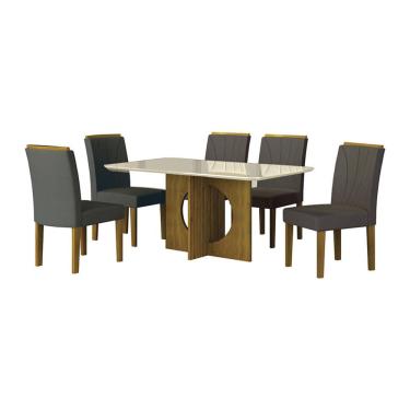 Imagem de Conjunto de Mesa Retangular com Tampo de Vidro Off White e 6 Cadeiras Lorena Plus Camurça Chumbo e Freijó